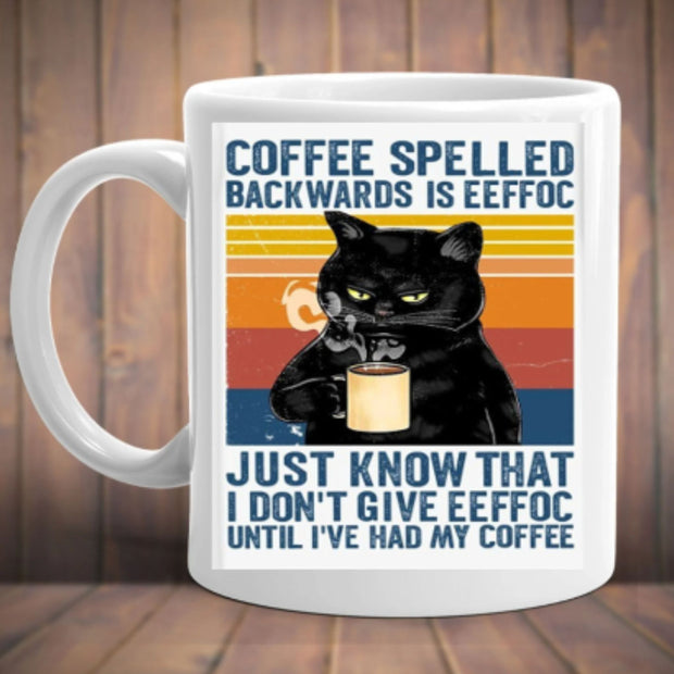 Coffee Spelled Backwards Is Eeffoc, Black Cat Mug