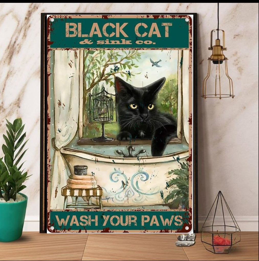 black cat wash your paws  wall poster , Black Cat Wall Art - Black Cat Print -Black Cat Artwork - Home Decor