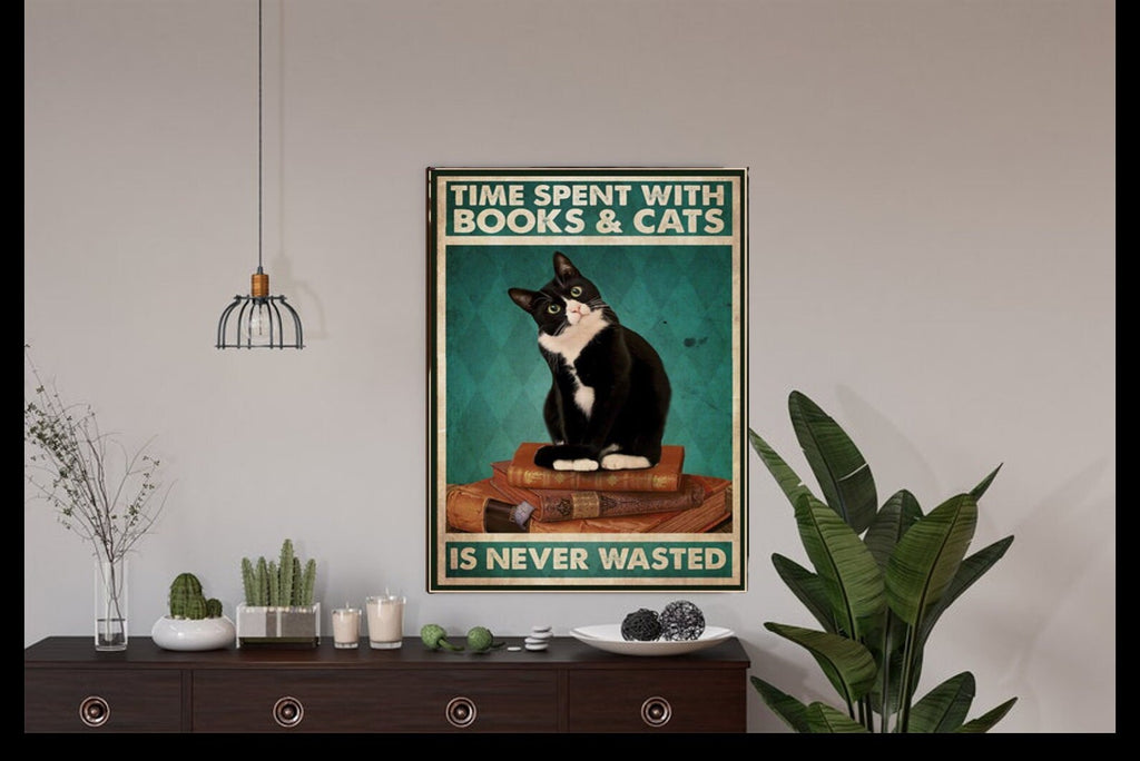 time spent with cats is never  wasted ,black cat  wall poster , Black Cat Wall Art - Black Cat Print -Black Cat Artwork - Home Decor