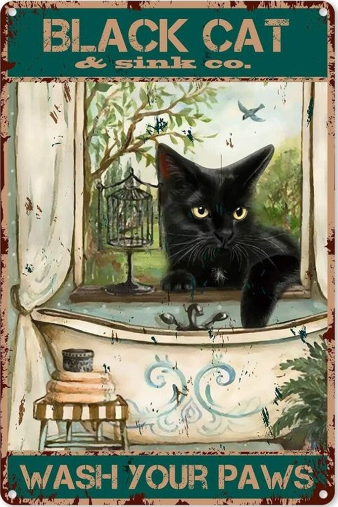 black cat wash your paws  wall poster , Black Cat Wall Art - Black Cat Print -Black Cat Artwork - Home Decor