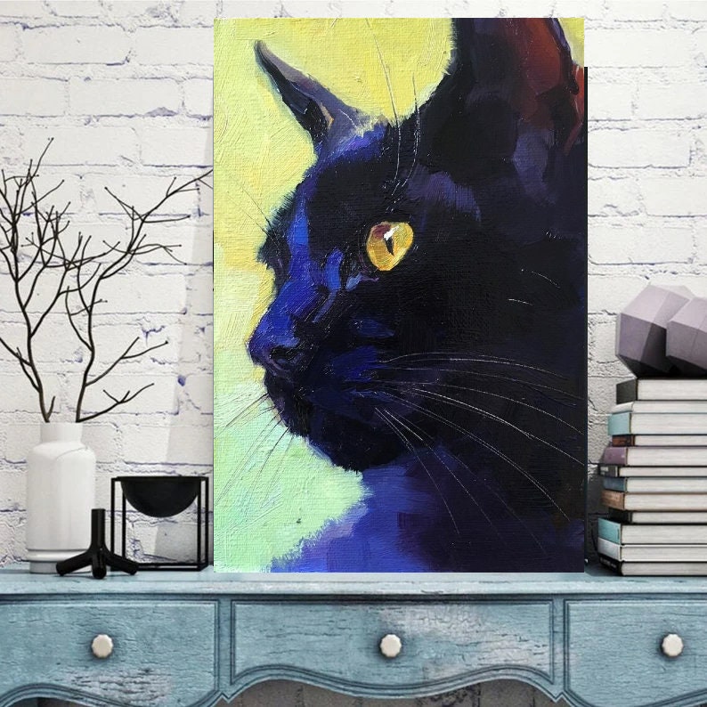 black cat portrait  , Black Cat Wall Art - Black Cat Print -Black Cat Artwork - Home Decor