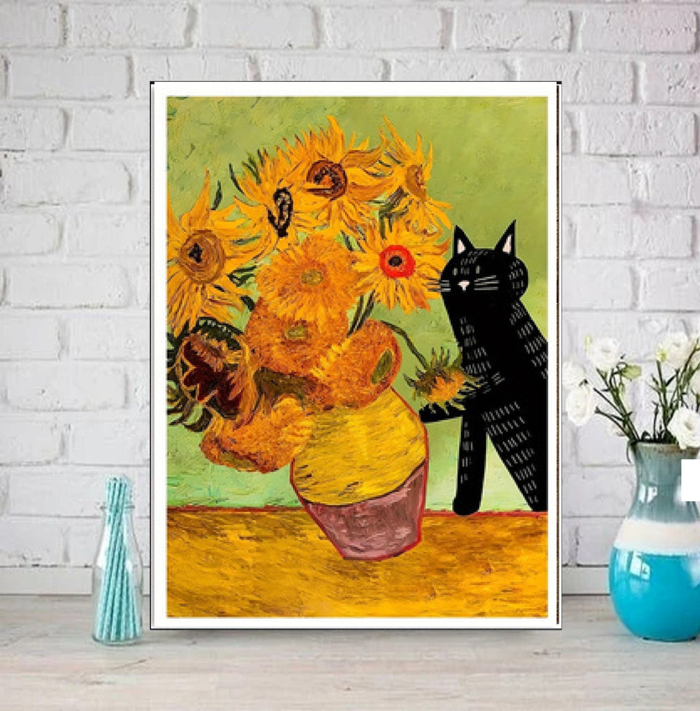 Black Cat with sunflower vase van gogh, van goth sunflowers painting, Black Cat Wall Art -Black Cat Print,Black Cat Artwork ,Home Decor