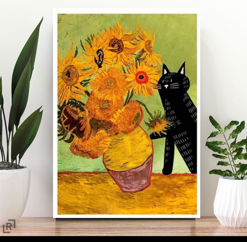 Black Cat with sunflower vase van gogh, van goth sunflowers painting, Black Cat Wall Art -Black Cat Print,Black Cat Artwork ,Home Decor