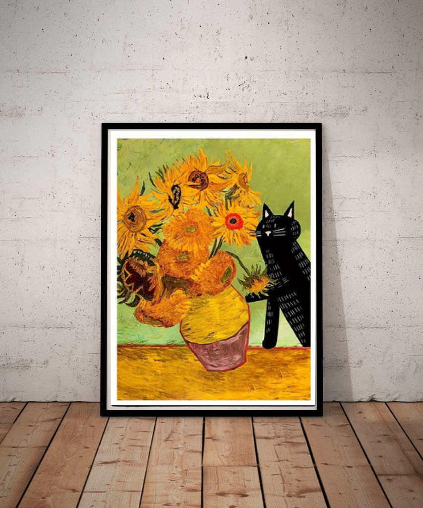 Black Cat with sunflower vase van gogh, van goth sunflowers painting, Black Cat Wall Art -Black Cat Print,Black Cat Artwork ,Home Decor