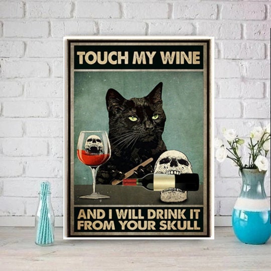 cat and  wine poster , Black Cat Wall Art - Black Cat Print -Black Cat Artwork - Home Decor