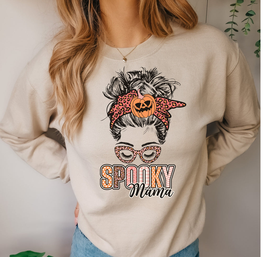 Spooky Mama Sweatshirt, Horror Halloween Life, Pumpkin Momster Sweatshirt, Messy Bun Hair Witchy Woman Scary Halloween Party Sweatshirt