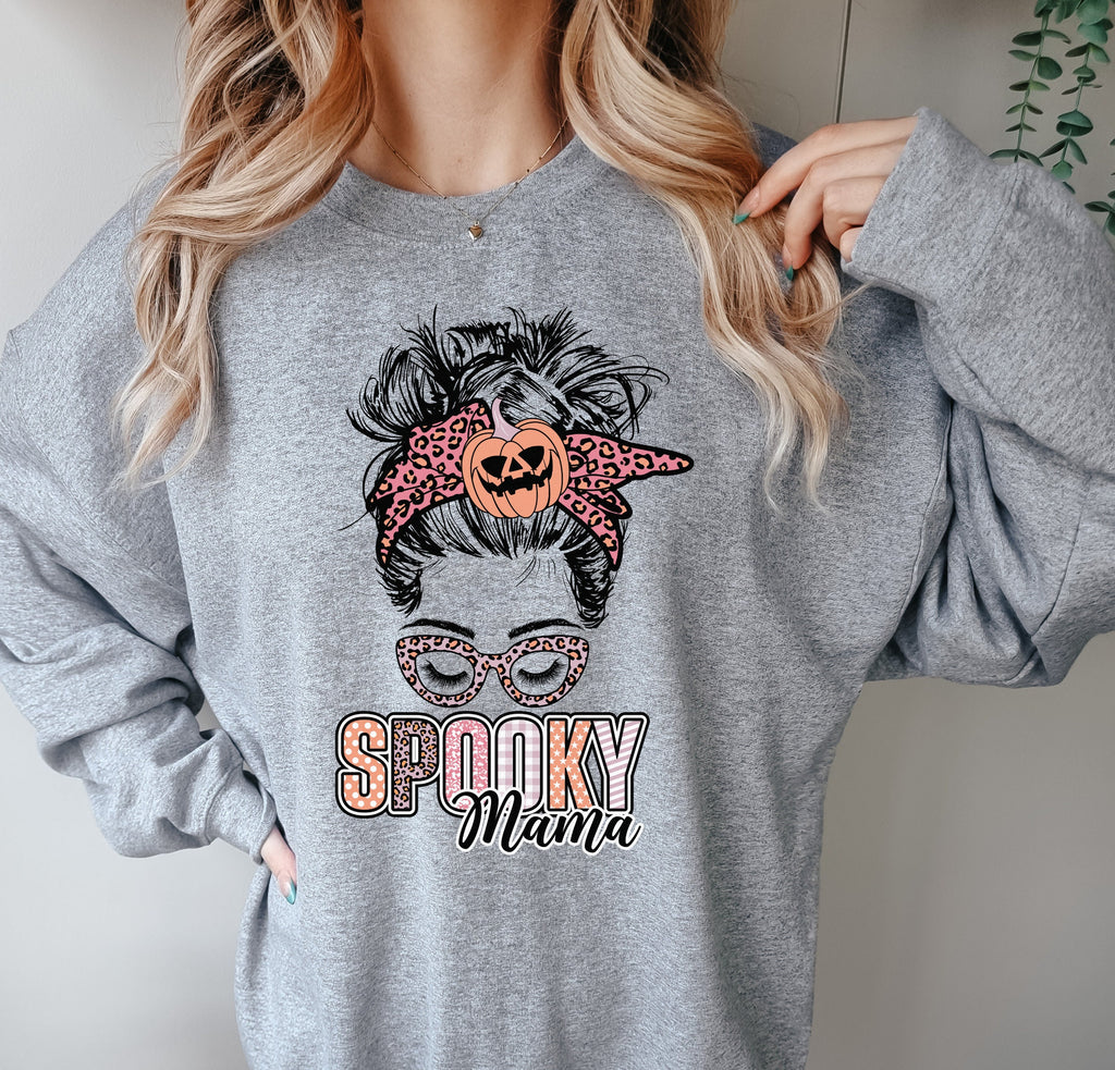 Spooky Mama Sweatshirt, Horror Halloween Life, Pumpkin Momster Sweatshirt, Messy Bun Hair Witchy Woman Scary Halloween Party Sweatshirt