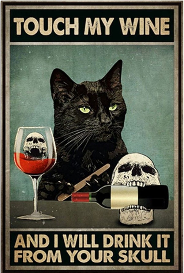 cat and  wine poster , Black Cat Wall Art - Black Cat Print -Black Cat Artwork - Home Decor