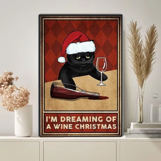 black cat with santas hat , Black Cat Wall Art - Black Cat Print -Black Cat Artwork - Home Decor