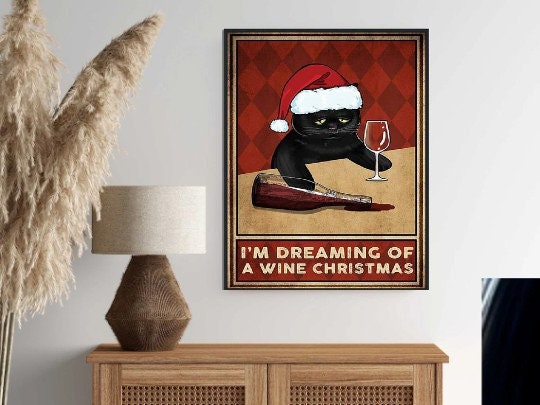 black cat with santas hat , Black Cat Wall Art - Black Cat Print -Black Cat Artwork - Home Decor