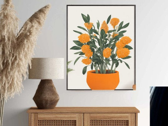 Boho Botanical Print, Orange and Green Abstract Botanical  prints Flowers , Abstract Floral Wall Art