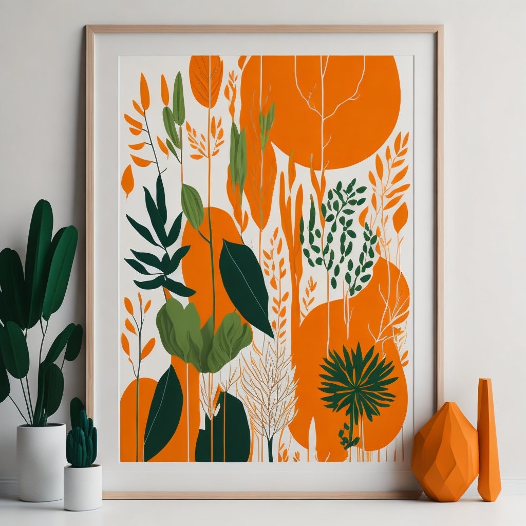 Boho Botanical Print, Orange and Green Abstract Botanical Flowers Print, Abstract Floral Wall Art,botanical print