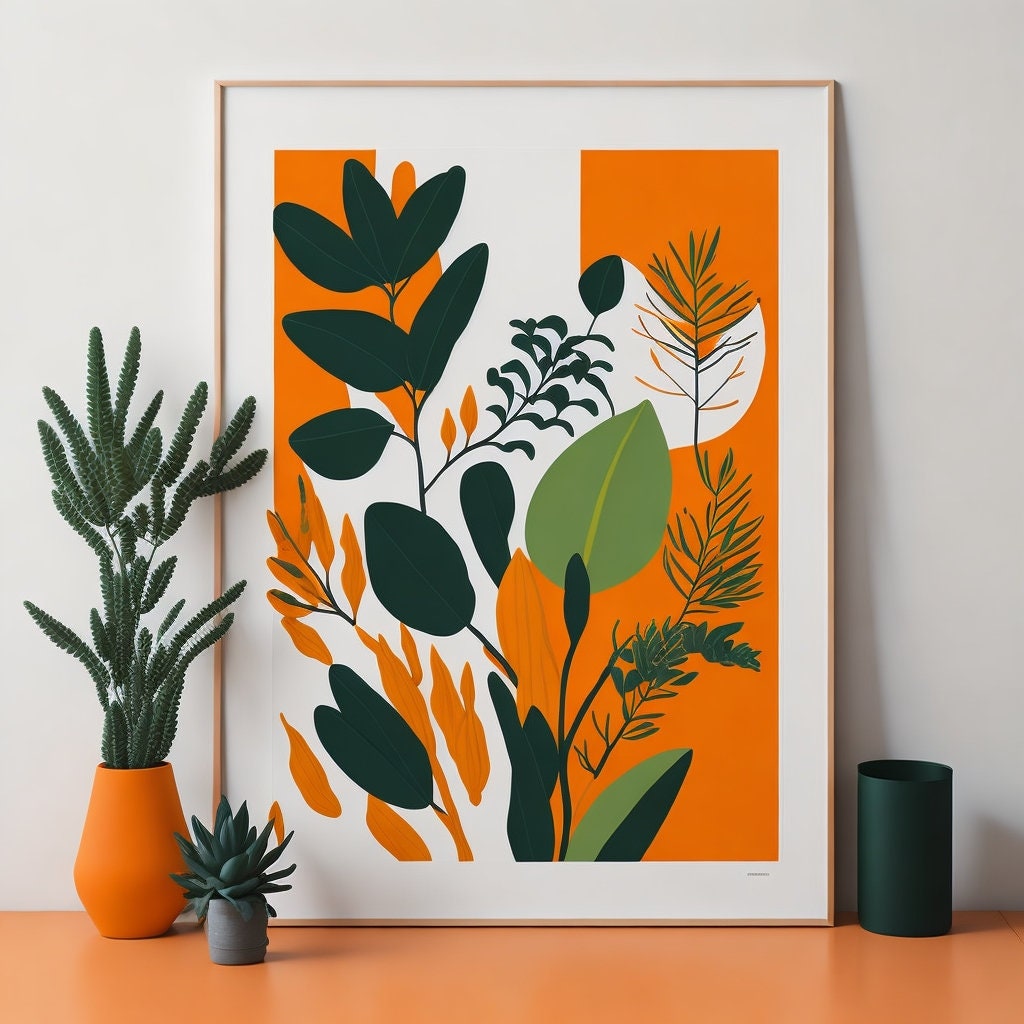 Boho Botanical Print, Orange and Green Abstract Botanical Flowers Print, Abstract Floral Wall Art,botanical print