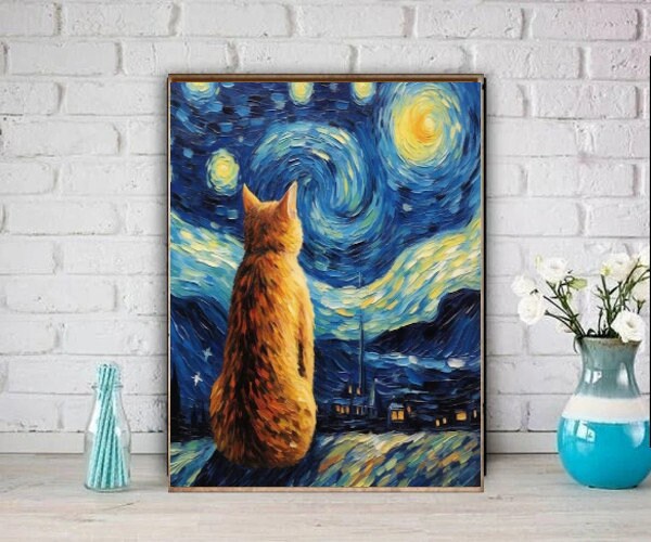 Van Goth Starry Night with  tabby ginger cat  ,  van goth starry Night Poster | Starry Night Canvas |  van goth poster,van goth  Wall Art