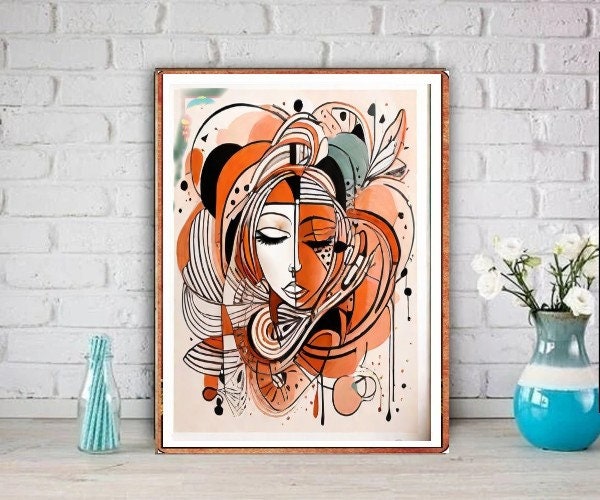 Boho abstract woman , Orange and black print  ,boho woman art portrait ,  mininalist Abstract Wall Art print