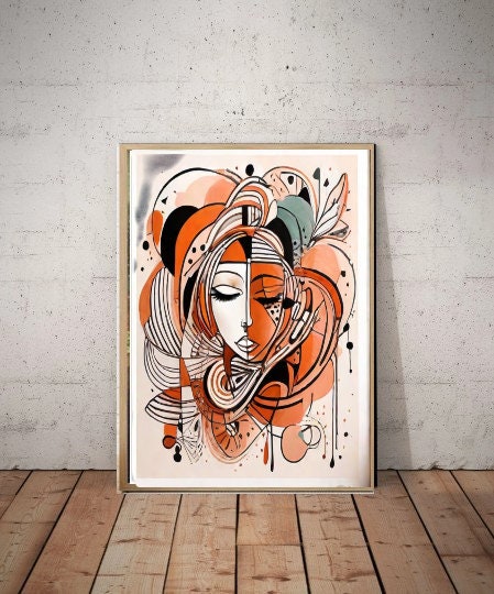 Boho abstract woman , Orange and black print  ,boho woman art portrait ,  mininalist Abstract Wall Art print