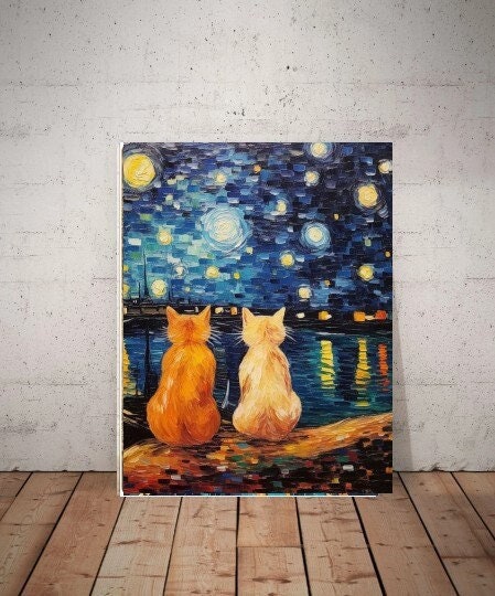 Van Gogh starry night with cats   print,van goth starry Poster | cafe terrace  Canvas |  ,  van goth  Wall Art