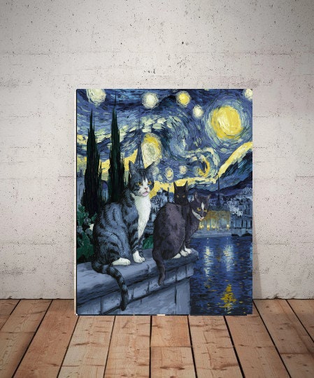 Van Goth Starry Night with cats print,   van goth starry Night Poster | Starry Night Canvas |    cat-poster,  van goth  Wall Art