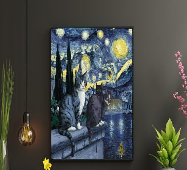 Van Goth Starry Night with cats print,   van goth starry Night Poster | Starry Night Canvas |    cat-poster,  van goth  Wall Art