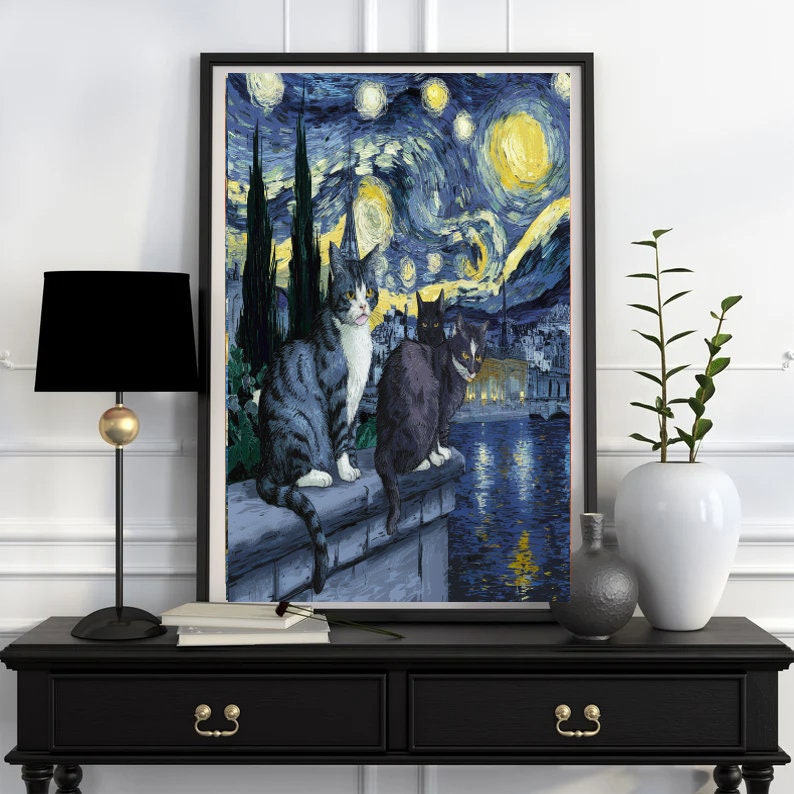 Van Goth Starry Night with cats print,   van goth starry Night Poster | Starry Night Canvas |    cat-poster,  van goth  Wall Art