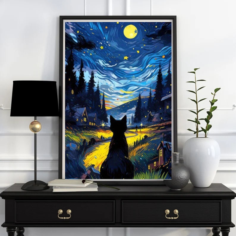 Van Goth Starry Night with black cat print,   van goth starry Night Poster | Starry Night Canvas |    cat-poster,  van goth  Wall Art