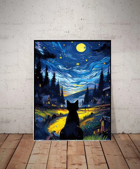 Van Goth Starry Night with black cat print,   van goth starry Night Poster | Starry Night Canvas |    cat-poster,  van goth  Wall Art