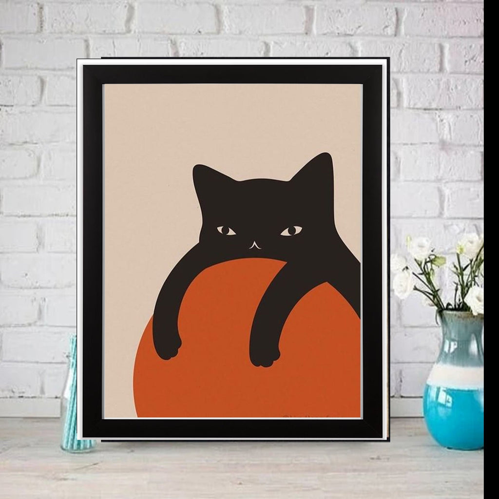 black cat orange boho Print , black cat resting on  a orange ball Wall Art, Peaceful act Wall Art,Abstract  cat   Modern Decor