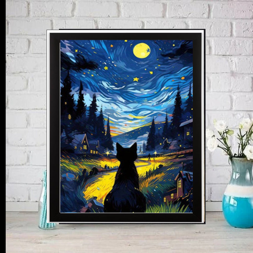 Van Goth Starry Night with black cat print,   van goth starry Night Poster | Starry Night Canvas |    cat-poster,  van goth  Wall Art