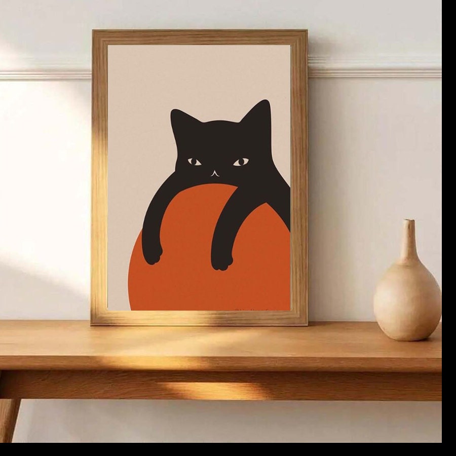 black cat orange boho Print , black cat resting on  a orange ball Wall Art, Peaceful act Wall Art,Abstract  cat   Modern Decor