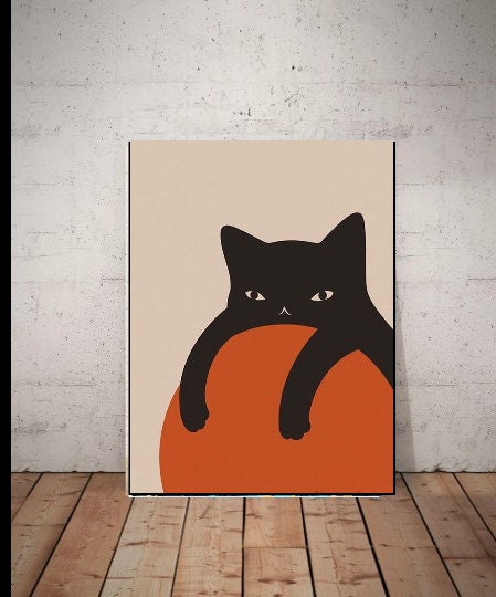 black cat orange boho Print , black cat resting on  a orange ball Wall Art, Peaceful act Wall Art,Abstract  cat   Modern Decor