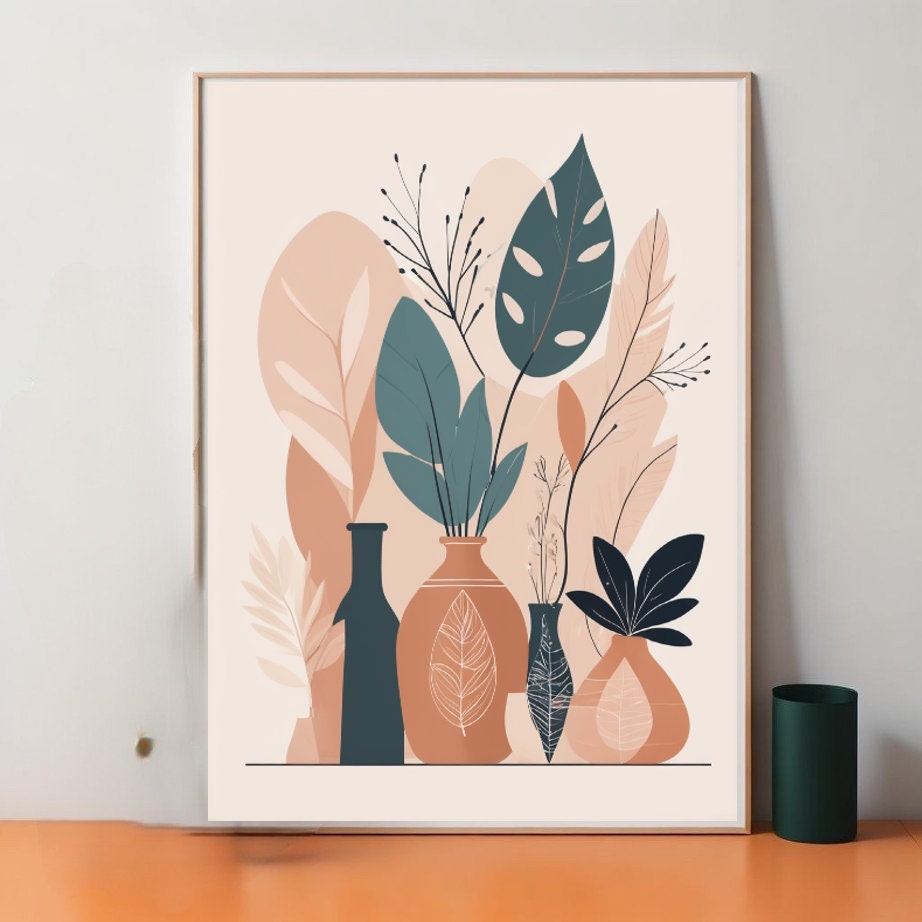 Boho Botanical Print, Orange and Green Abstract Botanical  Print, Abstract  Wall Art