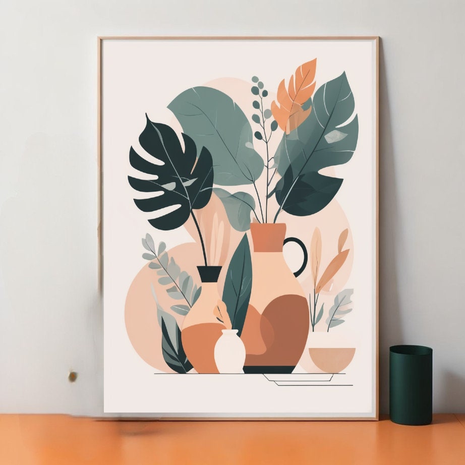 Boho Botanical Print, Orange and Green Abstract Botanical  Print, Abstract  Wall Art