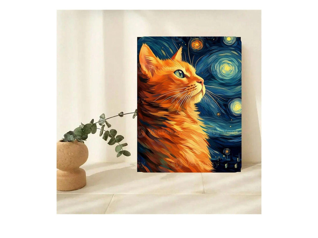 Van Gogh Starry Night Painting with ginger cat , Van Gogh Art Print, Exhibition Poster, Musilum cat-poster,  van goth  Wall Art