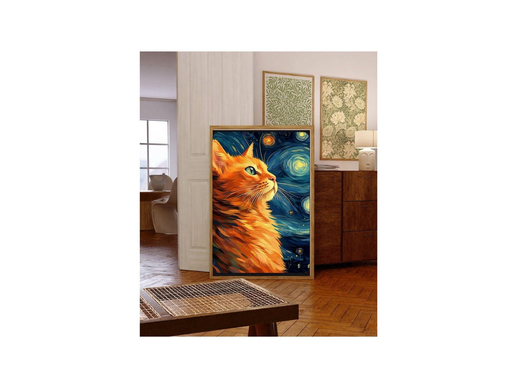 Van Gogh Starry Night Painting with ginger cat , Van Gogh Art Print, Exhibition Poster, Musilum cat-poster,  van goth  Wall Art