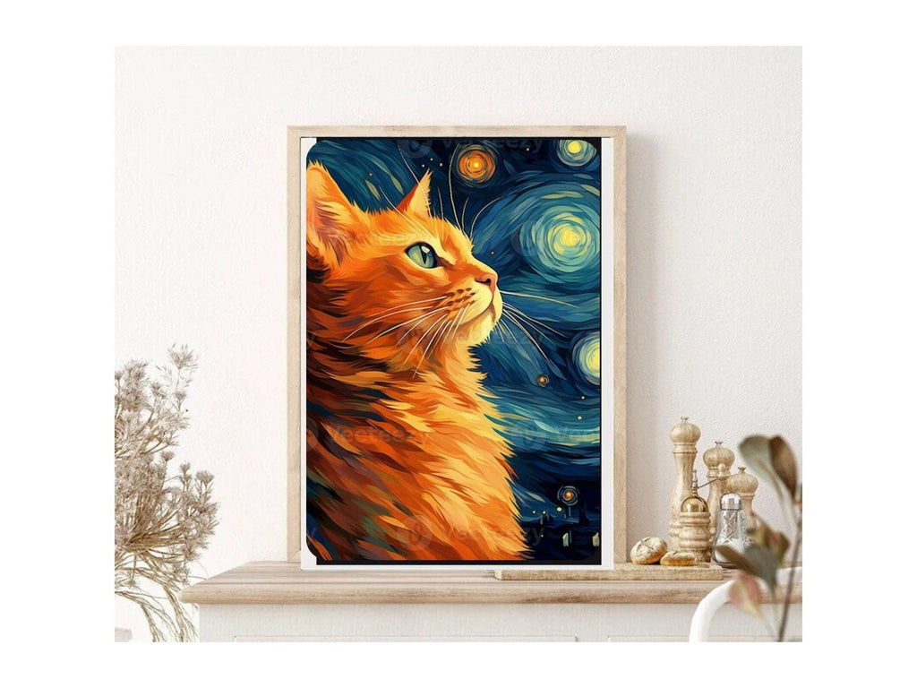 Van Gogh Starry Night Painting with ginger cat , Van Gogh Art Print, Exhibition Poster, Musilum cat-poster,  van goth  Wall Art