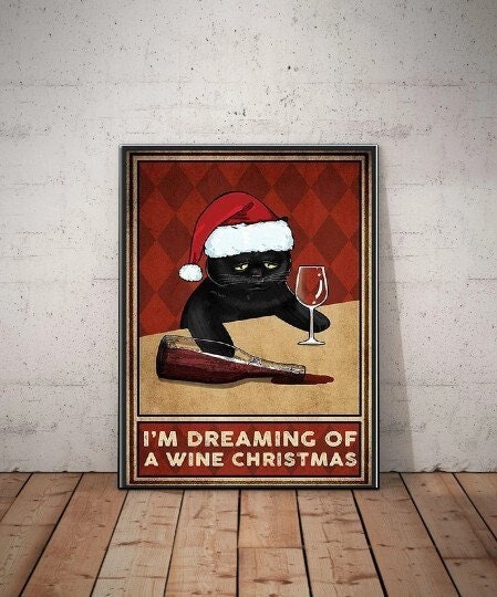 black cat with santas hat , Black Cat Wall Art - Black Cat Print -Black Cat Artwork - Home Decor