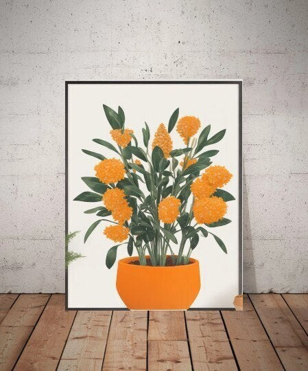 Boho Botanical Print, Orange and Green Abstract Botanical  prints Flowers , Abstract Floral Wall Art