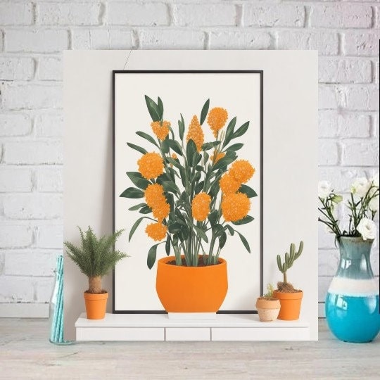 Boho Botanical Print, Orange and Green Abstract Botanical  prints Flowers , Abstract Floral Wall Art