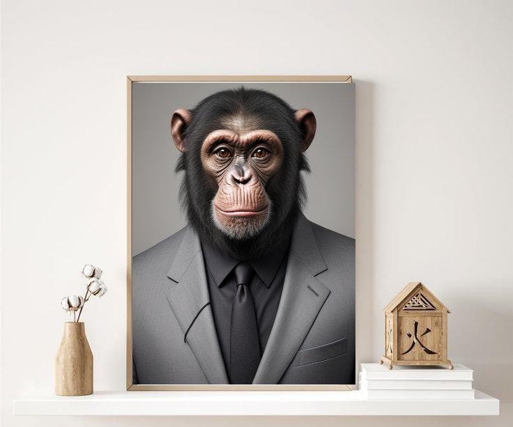 chimpanzee in a suit ,chimp in clothing ,chimp  Wall Art  Poster, chimp  Print  unframed,  animal wall art