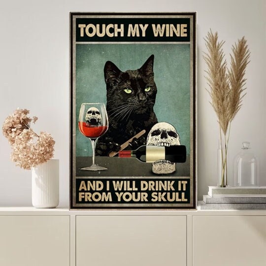 cat and  wine poster , Black Cat Wall Art - Black Cat Print -Black Cat Artwork - Home Decor