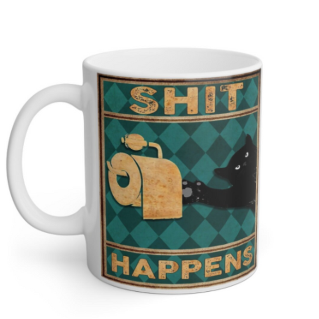 black cat coffee mug  shit happens