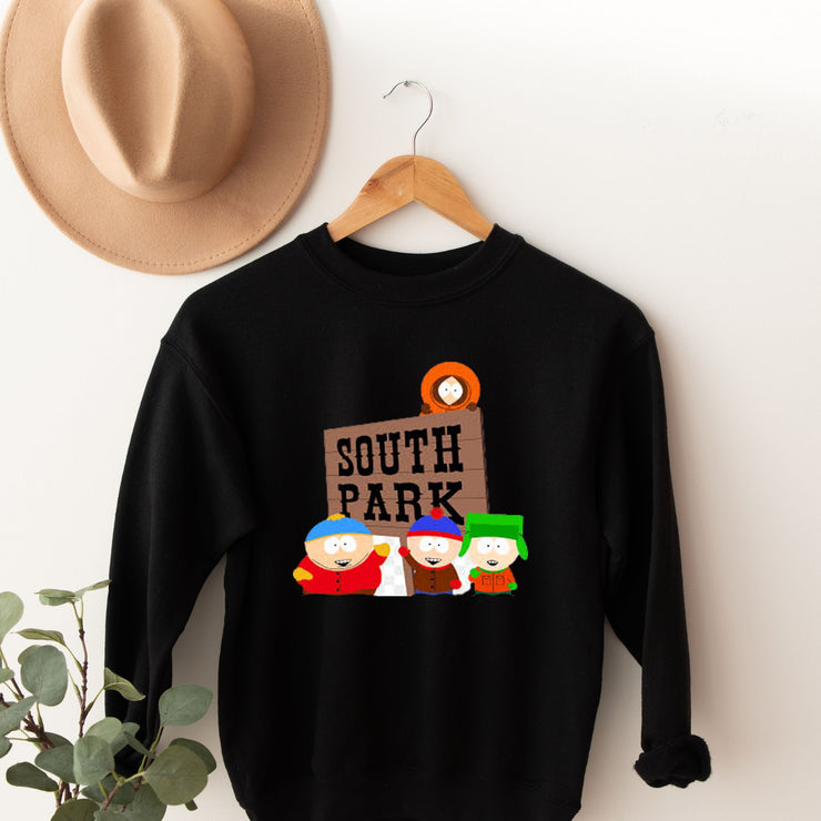 southpark sweatshirt,southpark characters next to a sign