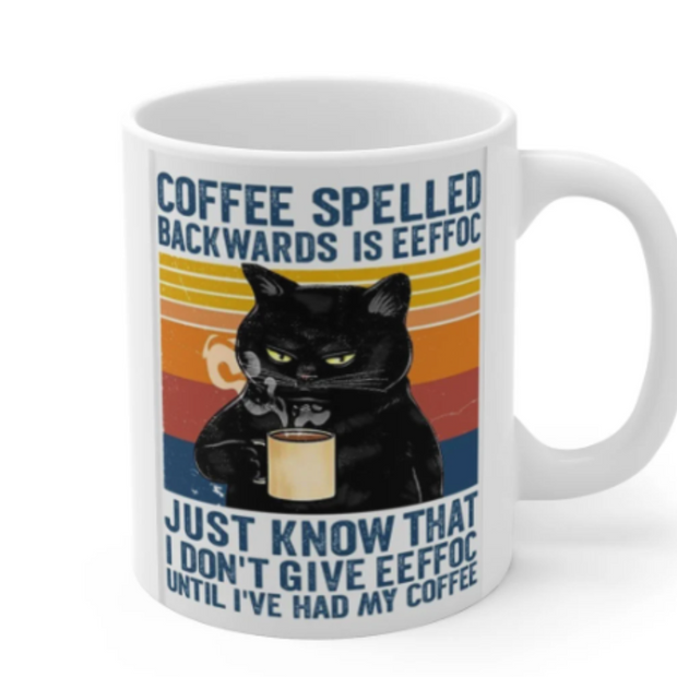 Coffee Spelled Backwards Is Eeffoc, Black Cat Mug