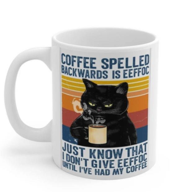 Coffee Spelled Backwards Is Eeffoc, Black Cat Mug