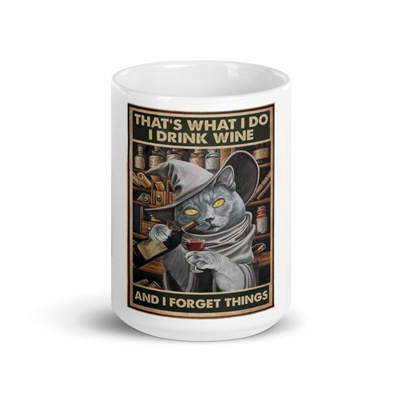 thats what i do i drink wine and forget things , retro black  cat , black cat  11oz coffee mug , cat lover Gifts ,gift for cat owner