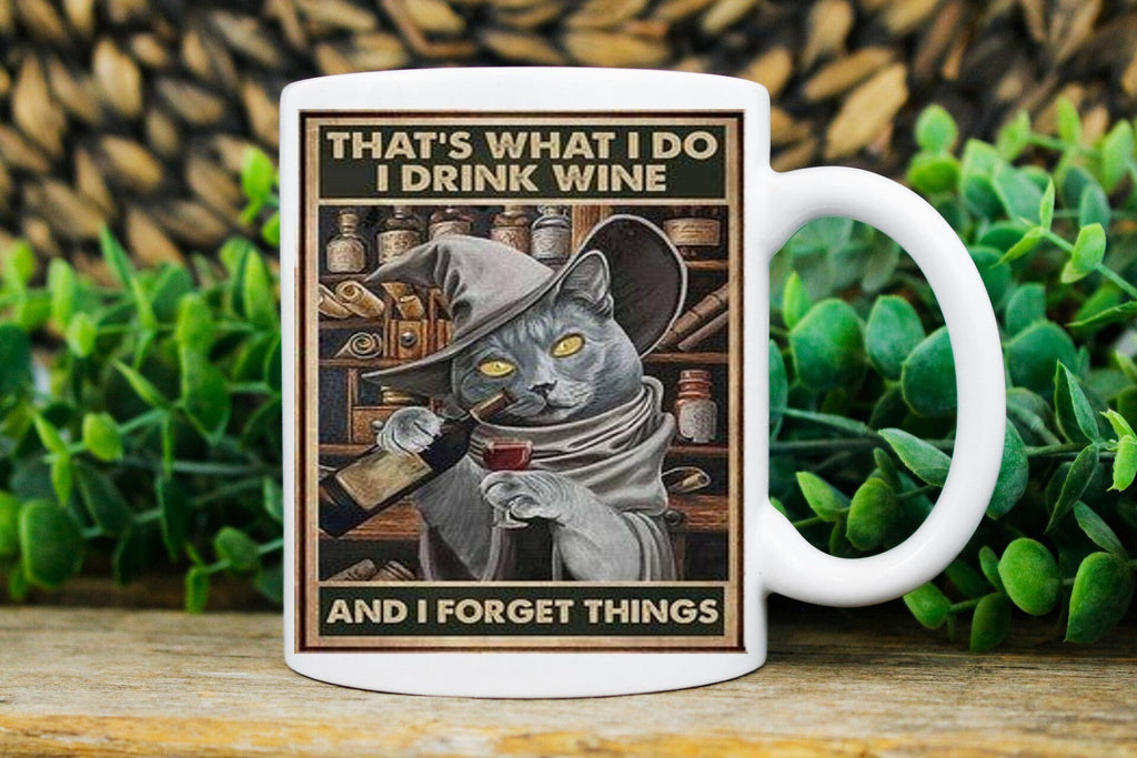 thats what i do i drink wine and forget things , retro black  cat , black cat  11oz coffee mug , cat lover Gifts ,gift for cat owner