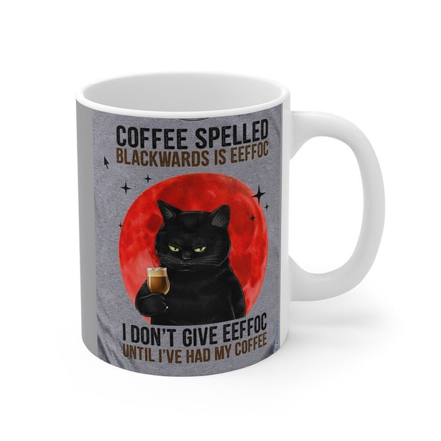 Coffee Spelled Backwards Is Eeffoc, Black Cat Mug, Black Cat Drinking Coffee Mug