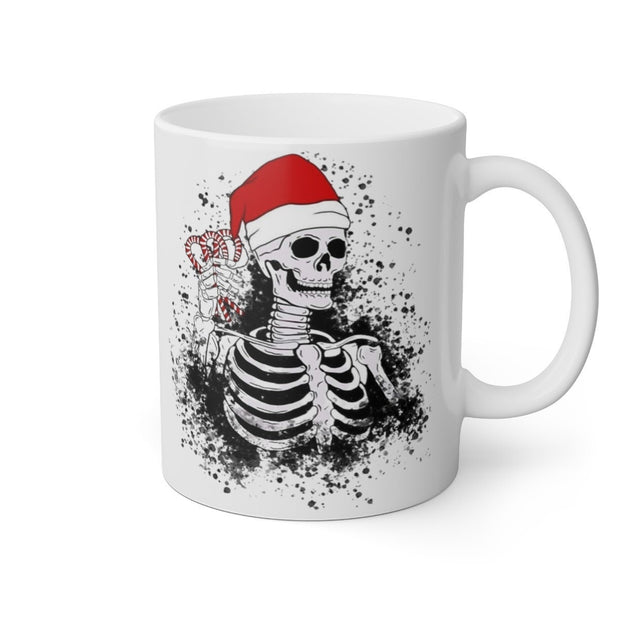 coffee drinking skeleton with santas hat  mug