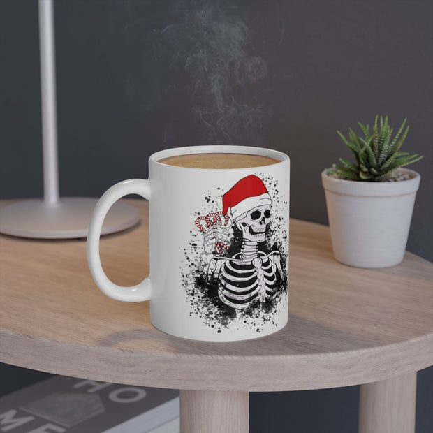 coffee drinking skeleton with santas hat  mug