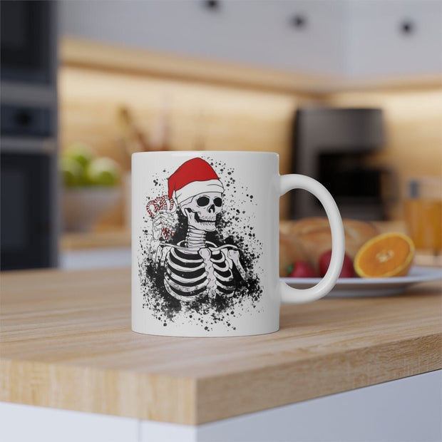 coffee drinking skeleton with santas hat  mug